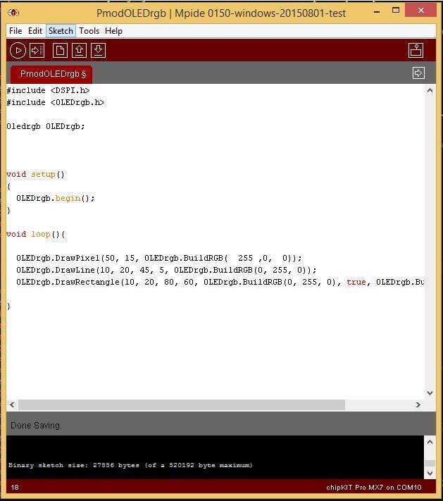Example code to draw a dot, line and rectangle